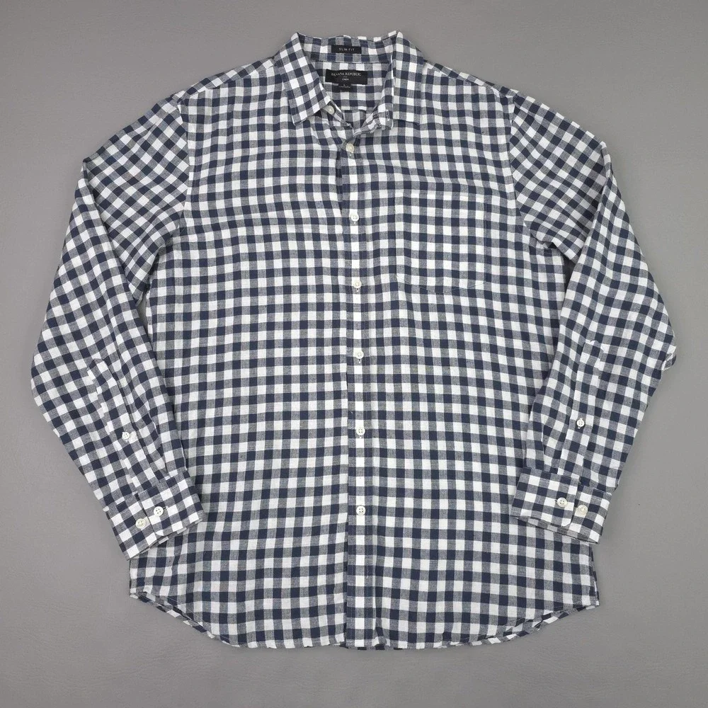 Banana Republic Shirt Mens Large Blue Gingham Long Sleeve Linen Slim Fit Casual